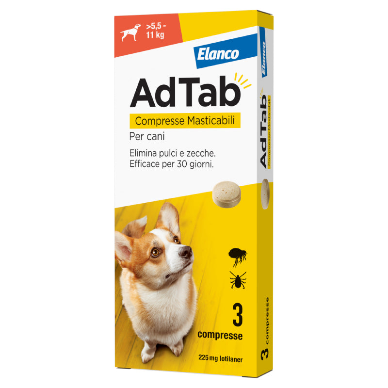 AdTab 5.5 - 11 kg Compresse Masticabili 225mg per Cane - 3 Compresse Arancione AdTab 5.5 - 11 kg Compresse Masticabili 225mg per Cane - 3 Compresse Arancione
